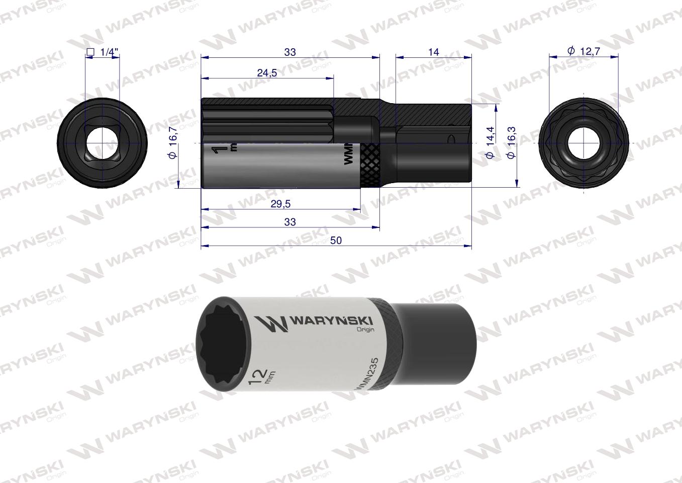 Nasadka dwunastokątna 1/4". 12 mm. długa. CrV50BV30. DIN 3124. Waryński