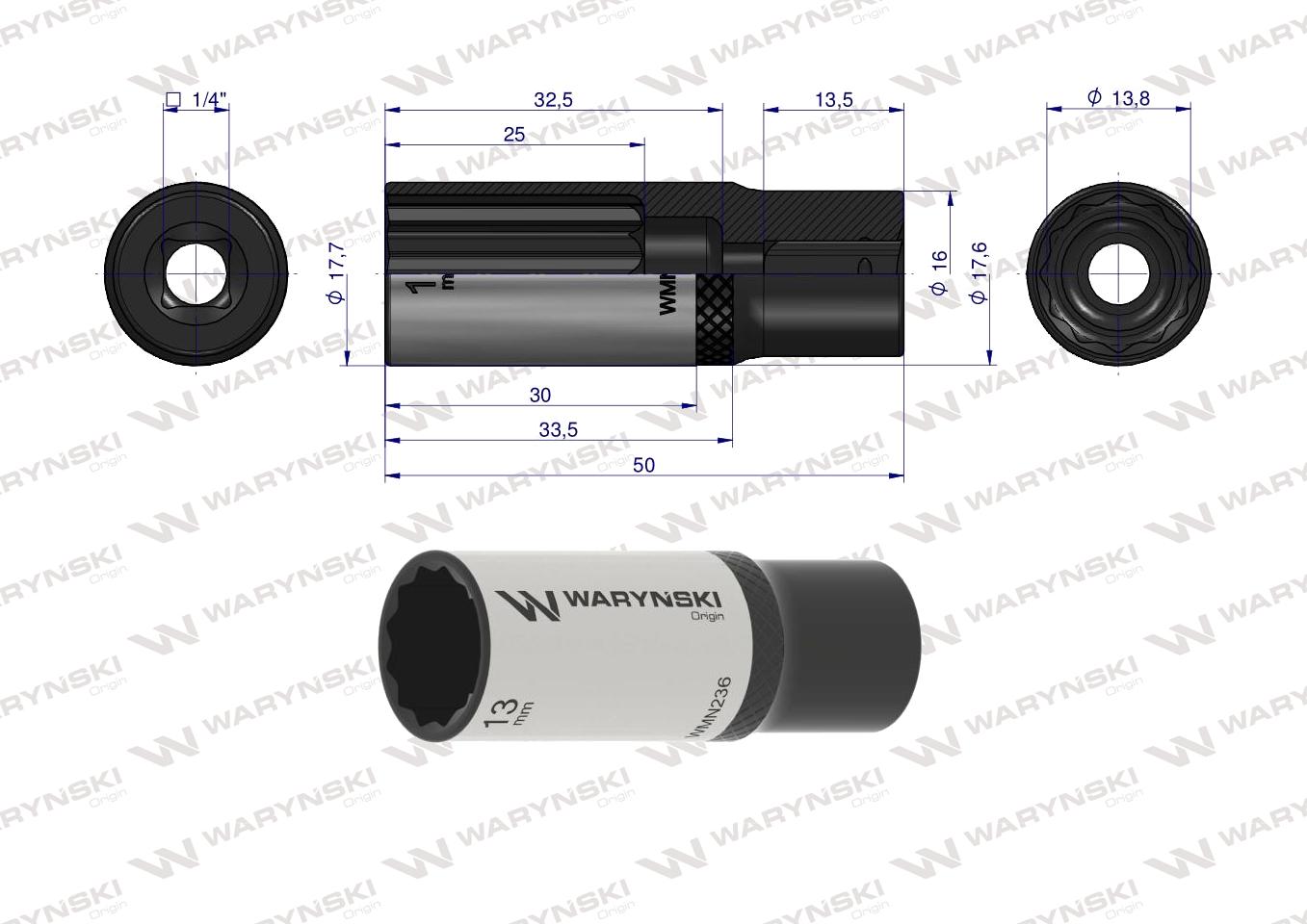 Nasadka dwunastokątna 1/4". 13 mm. długa. CrV50BV30. DIN 3124. Waryński