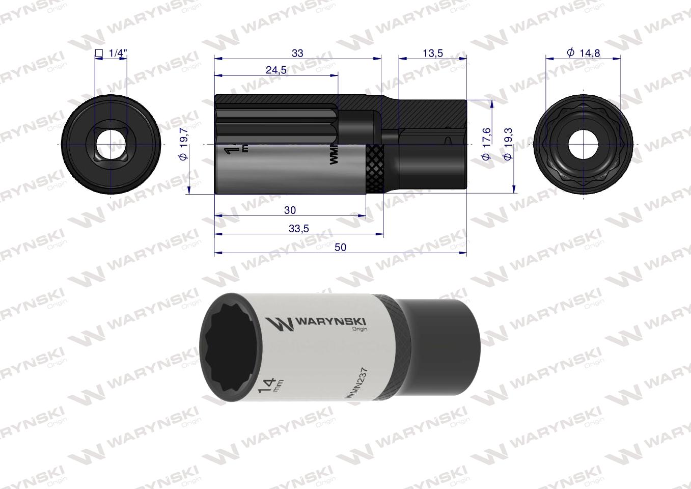 Nasadka dwunastokątna 1/4". 14 mm. długa. CrV50BV30. DIN 3124. Waryński