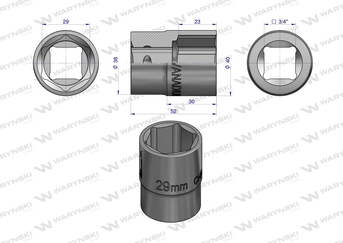 Nasadka sześciokątna 3/4". 29 mm. CrV50BV30. DIN 3124. Waryński