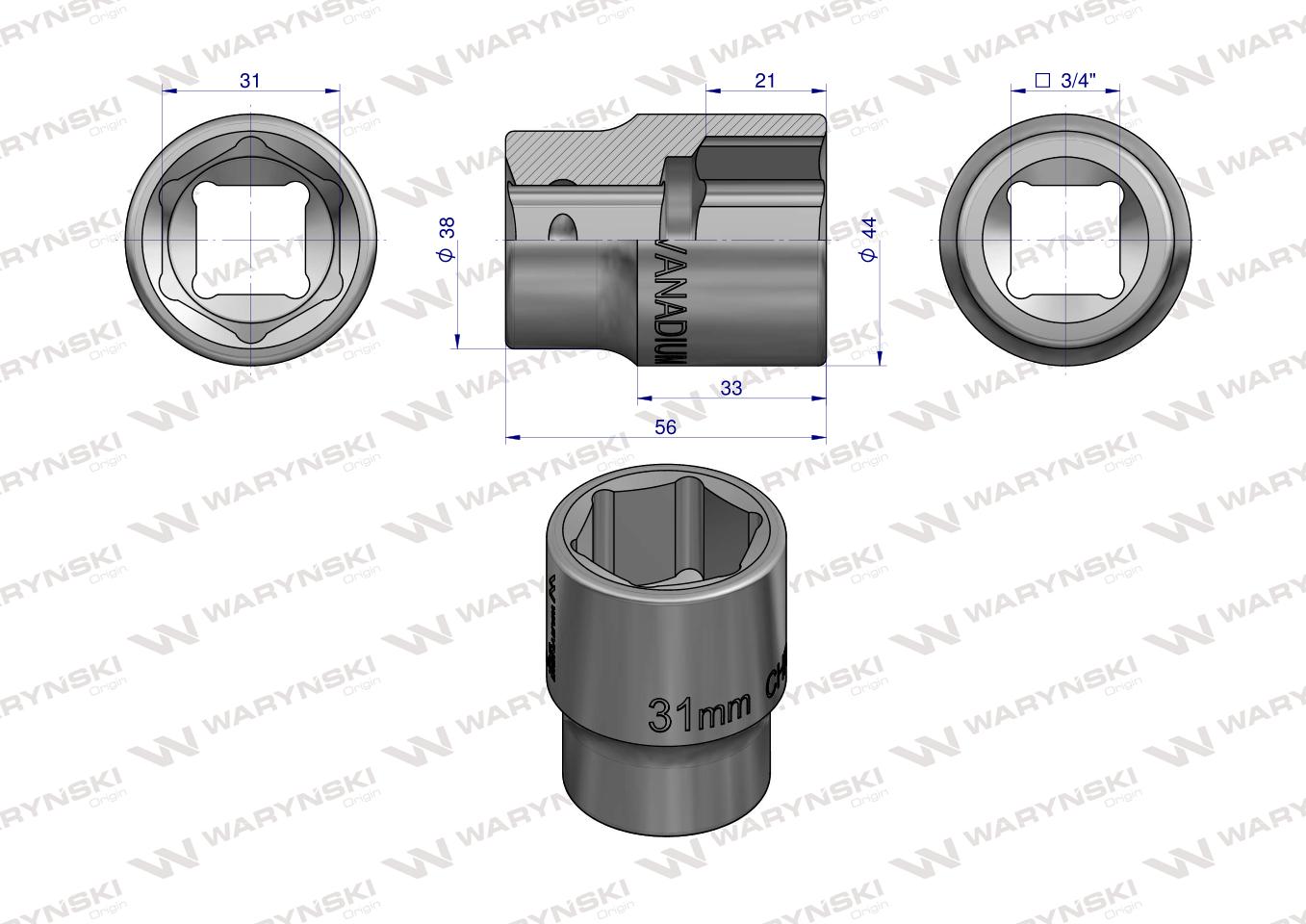 Nasadka sześciokątna 3/4". 31 mm. CrV50BV30. DIN 3124. Waryński