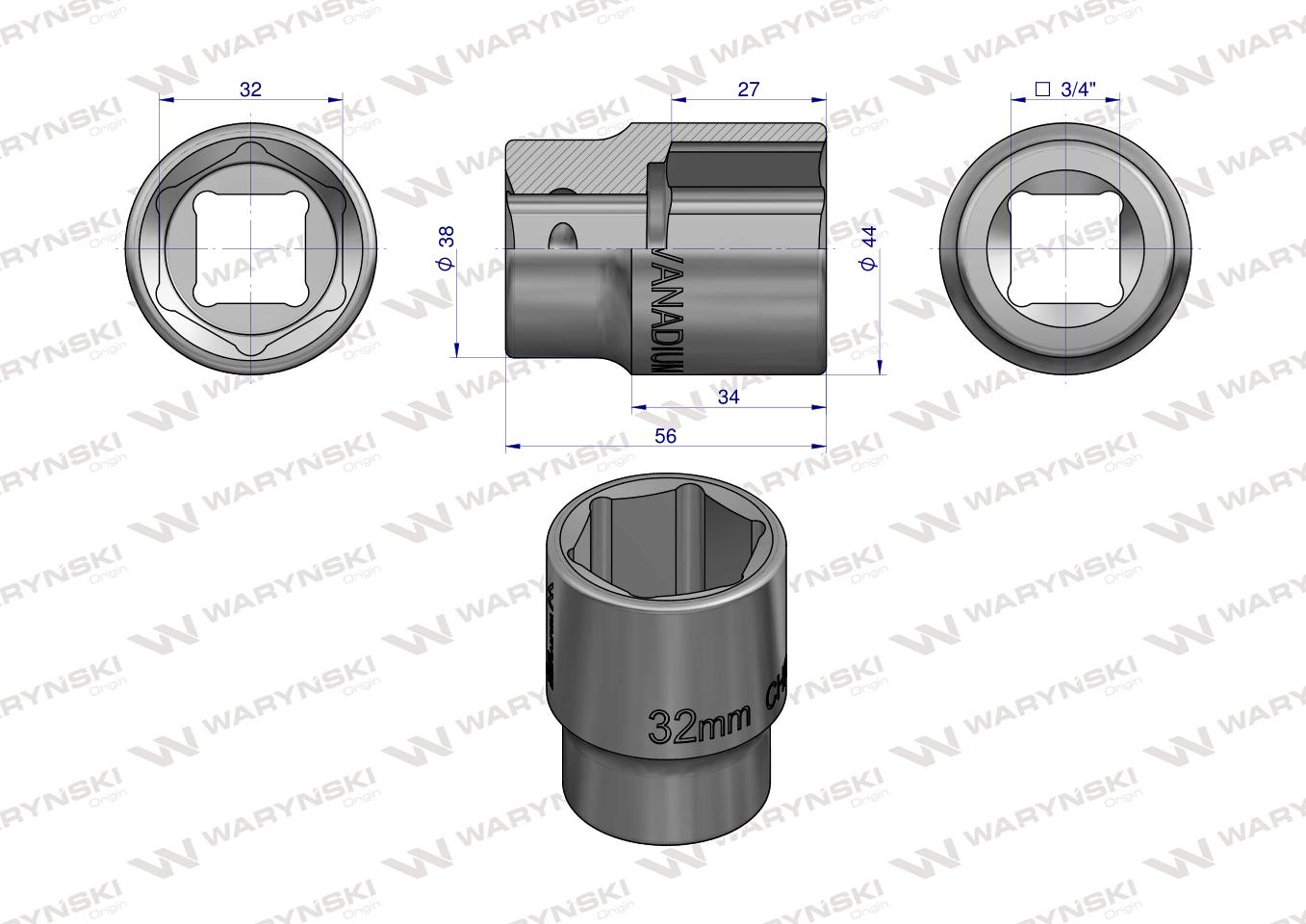 Nasadka sześciokątna 3/4". 32 mm. CrV50BV30. DIN 3124. Waryński