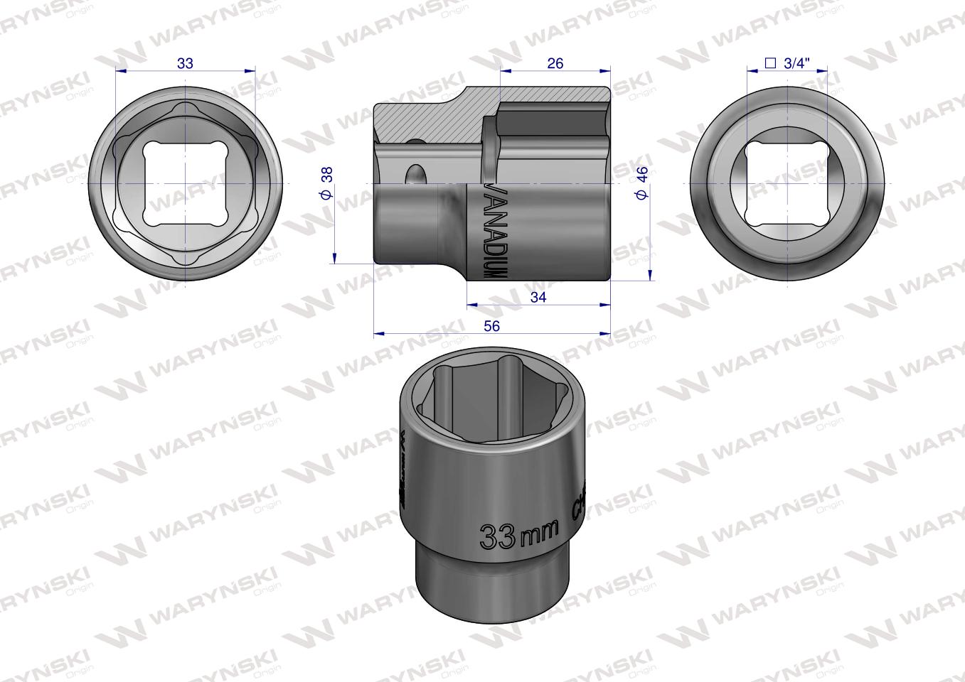 Nasadka sześciokątna 3/4". 33 mm. CrV50BV30. DIN 3124. Waryński