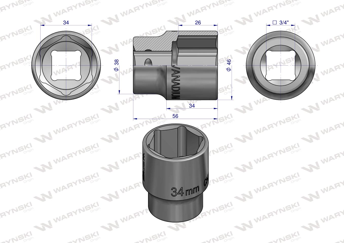 Nasadka sześciokątna 3/4". 34 mm. CrV50BV30. DIN 3124. Waryński
