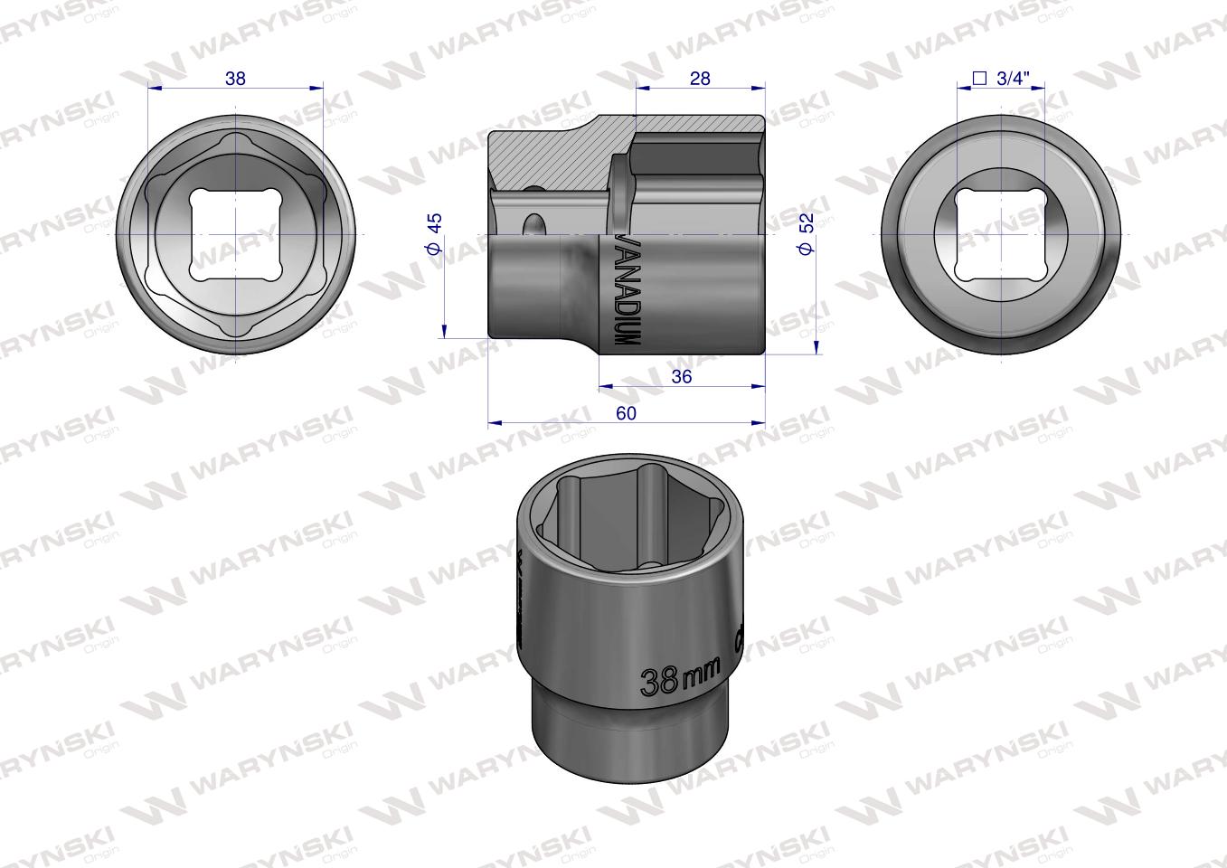 Nasadka sześciokątna 3/4". 38 mm. CrV50BV30. DIN 3124. Waryński