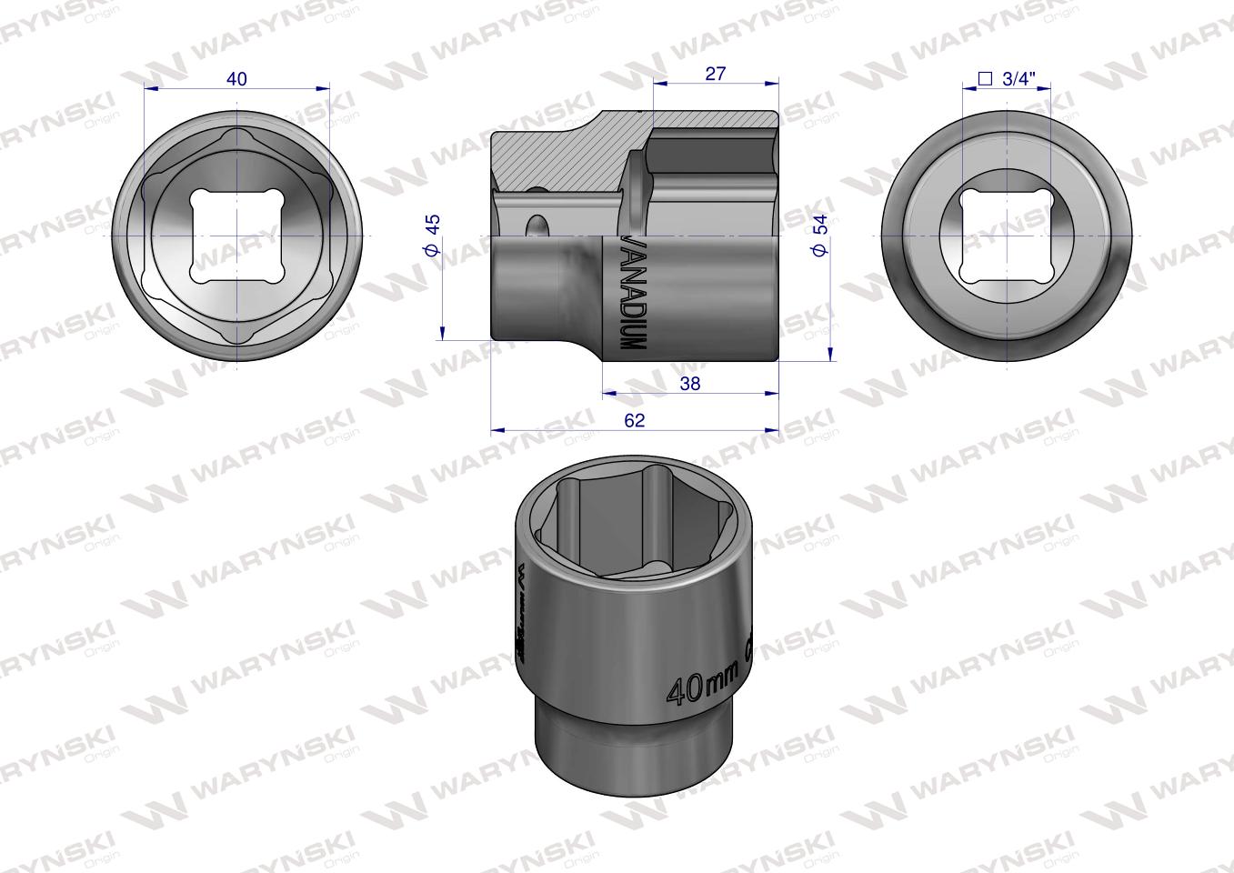 Nasadka sześciokątna 3/4". 40 mm. CrV50BV30. DIN 3124. Waryński