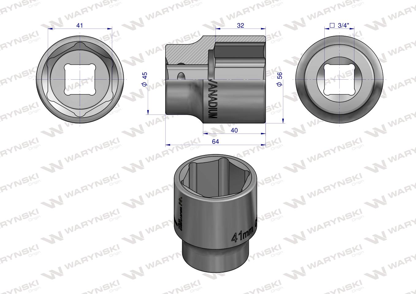 Nasadka sześciokątna 3/4". 41 mm. CrV50BV30. DIN 3124. Waryński