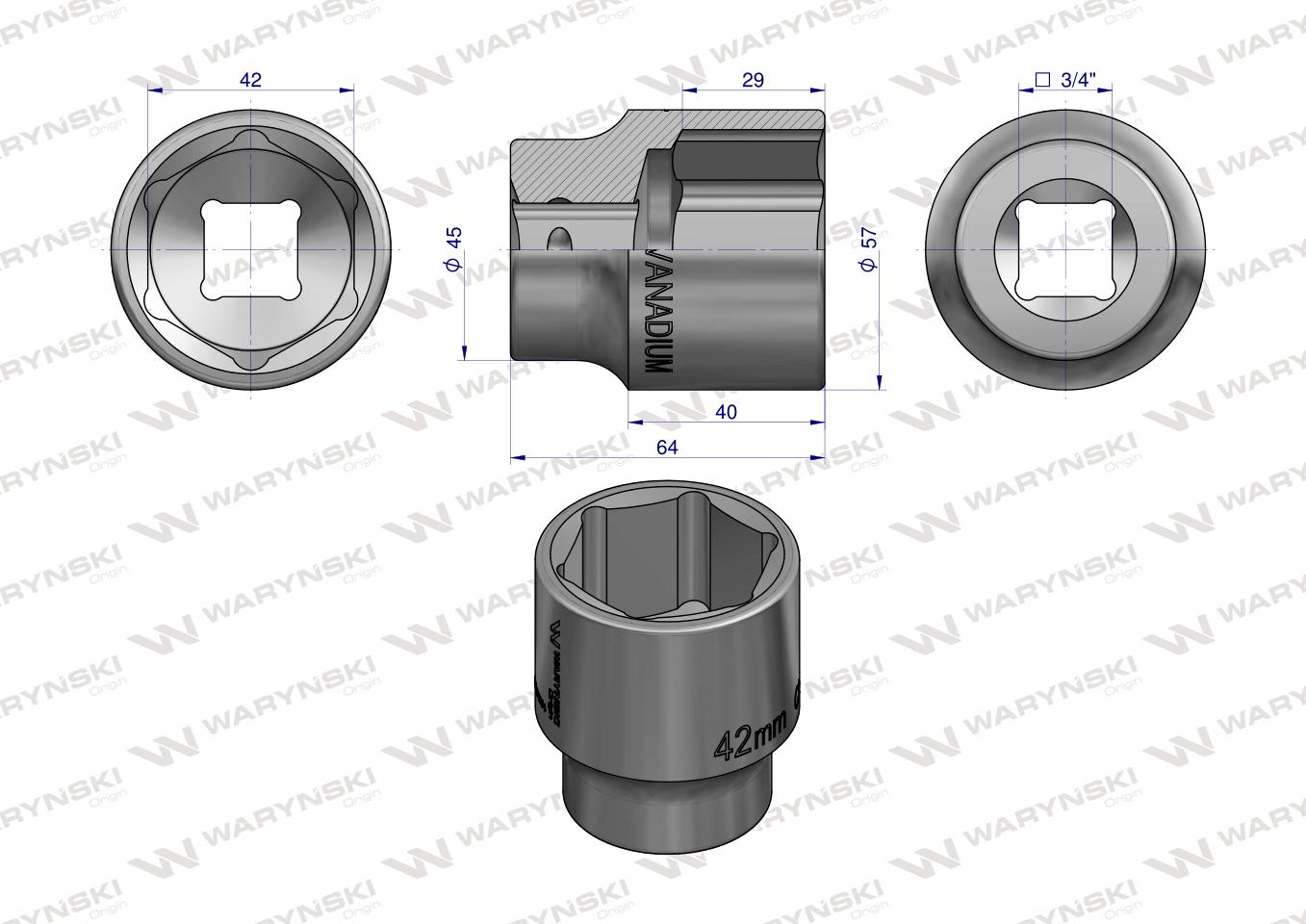 Nasadka sześciokątna 3/4". 42 mm. CrV50BV30. DIN 3124. Waryński