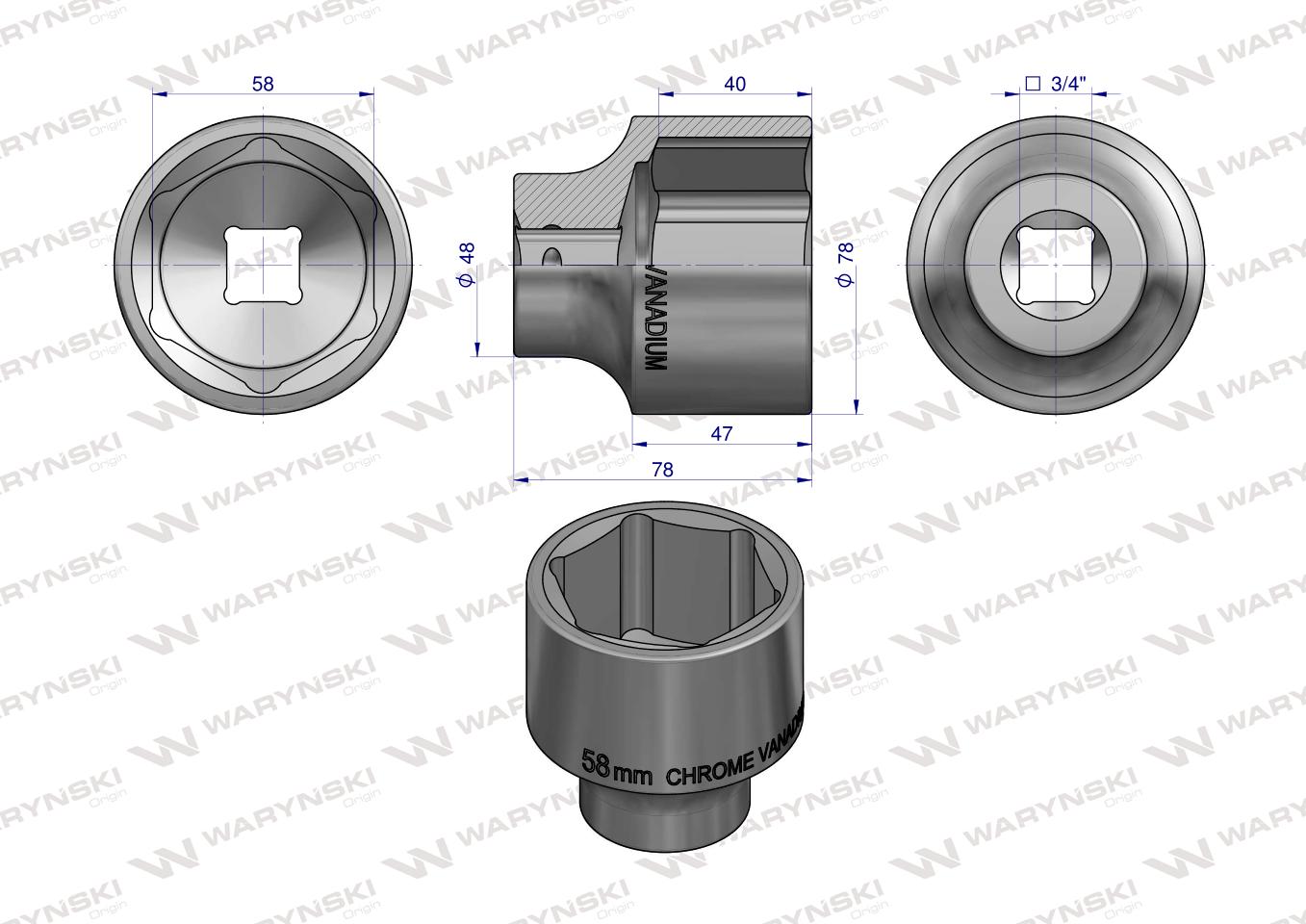 Nasadka sześciokątna 3/4". 58 mm. CrV50BV30. DIN 3124. Waryński