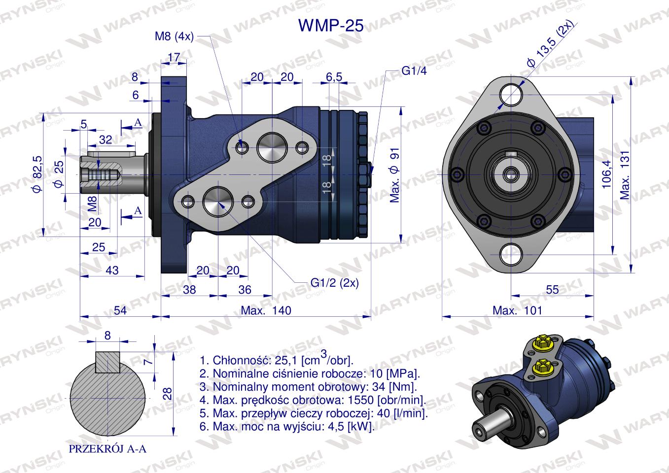 Silnik hydrauliczny orbitalny WMP 25 cm?/obr (100 bar / max.175 bar) Waryński