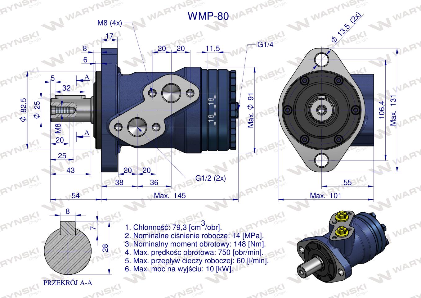 Silnik hydrauliczny orbitalny WMP 80 cm?/obr (140 bar / max.175 bar) Waryński