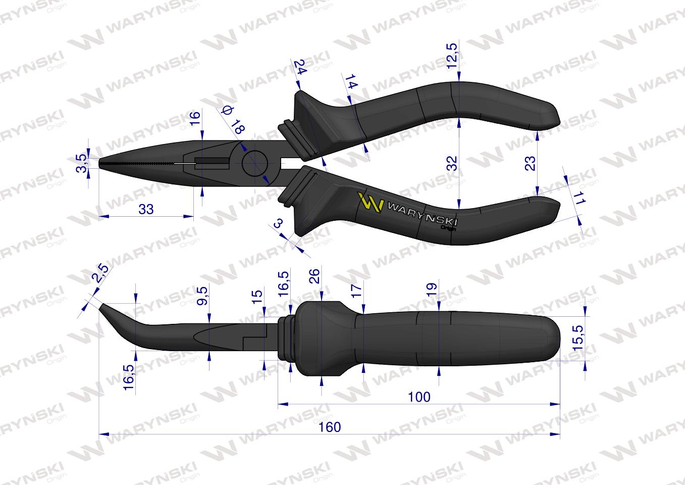 Szczypce wydłużone wygięte 160 mm Waryński