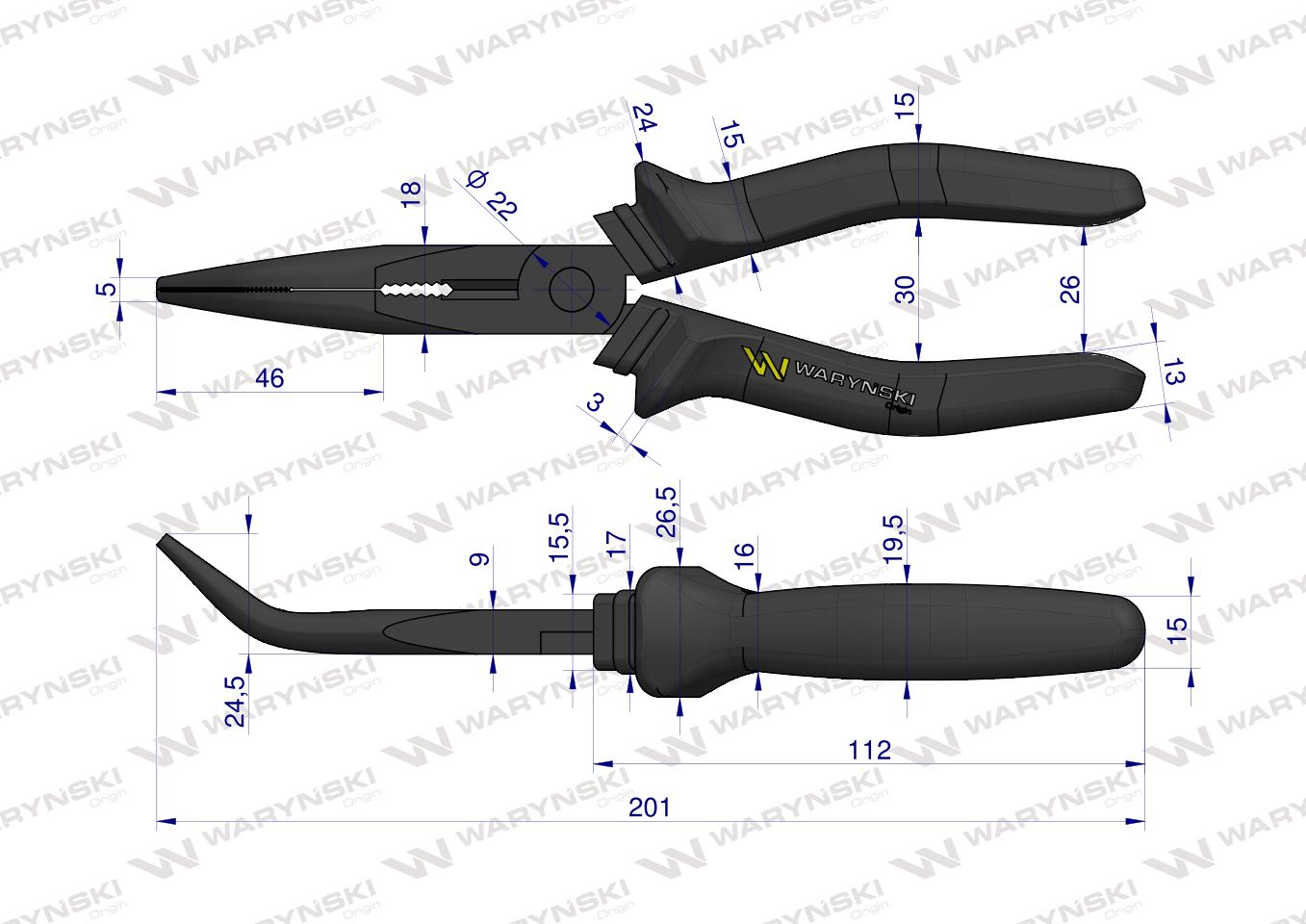 Szczypce wydłużone wygięte 200 mm Waryński