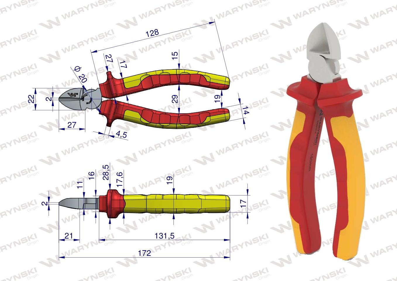 Szczypce izolowane, boczne,  160 mm. VDE. Waryński