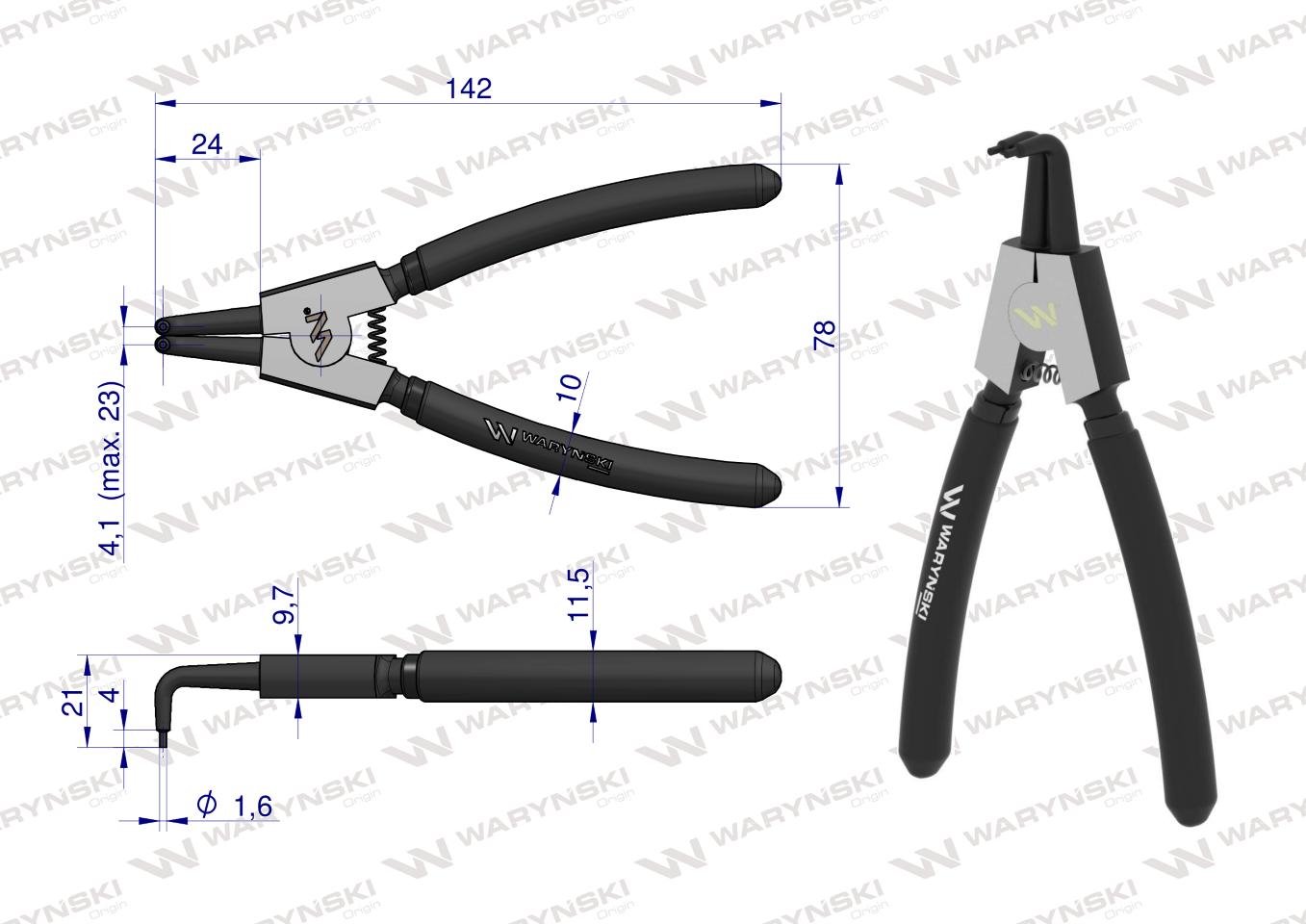 Szczypce do pierścieni osadczych 150 mm zewnętrzne wygięte Waryński