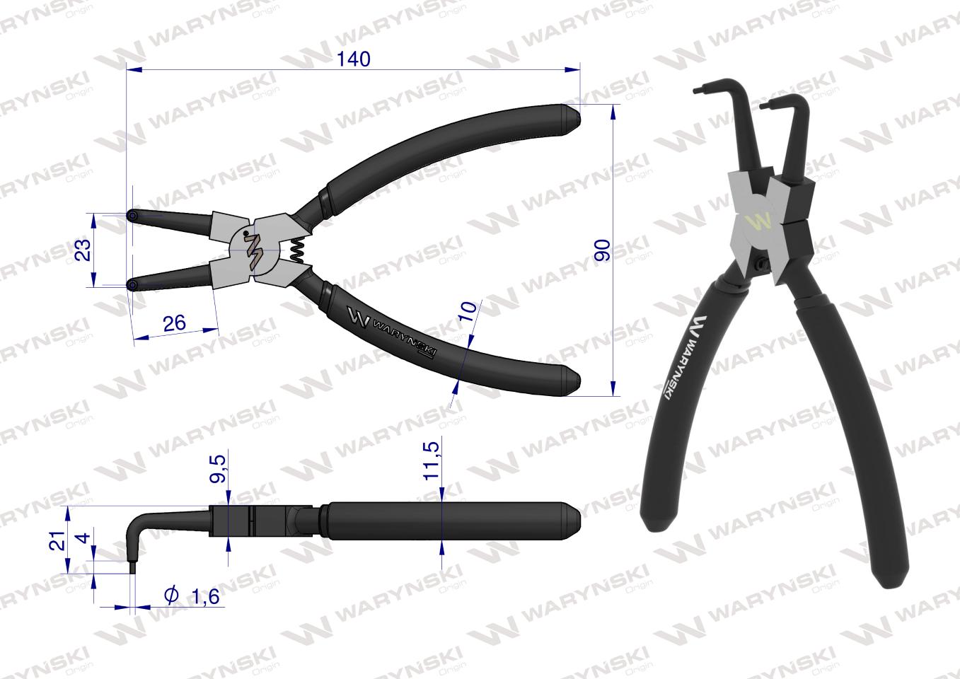 Szczypce do pierścieni osadczych 150 mm wewnętrzne wygięte Waryński