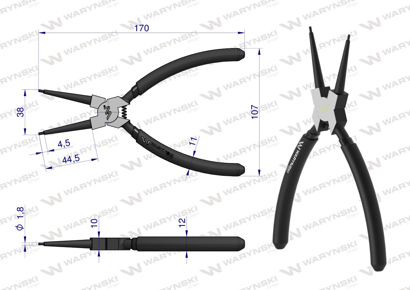 Szczypce do pierścieni osadczych 180 mm wewnętrzne proste Waryński