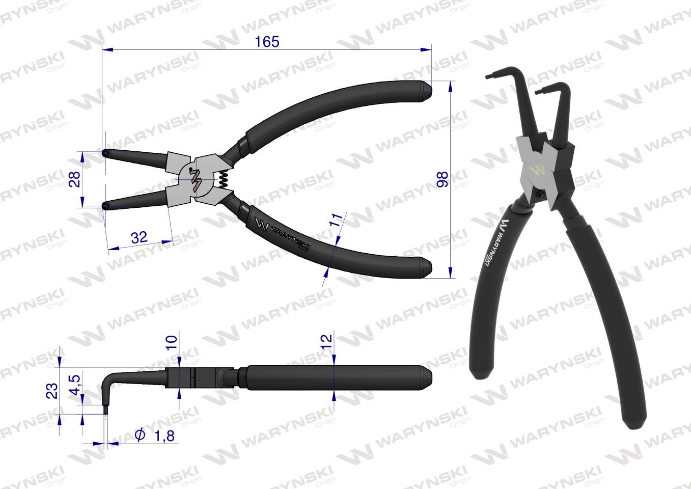 Szczypce do pierścieni osadczych 180mm wewnętrzne wygięte Waryński