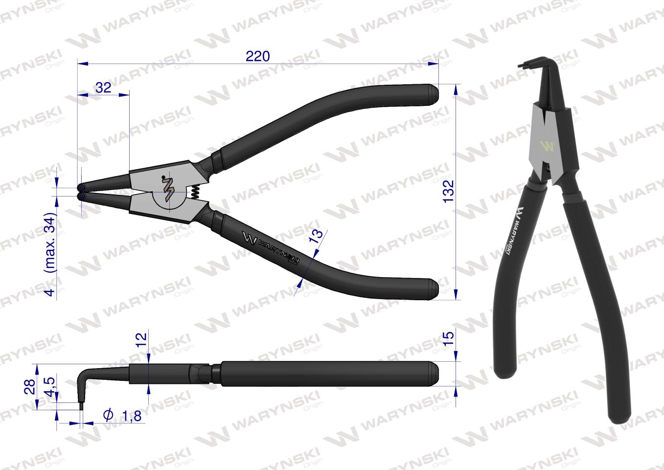 Szczypce do pierścieni osadczych 240 mm zewnętrzne wygięte Waryński