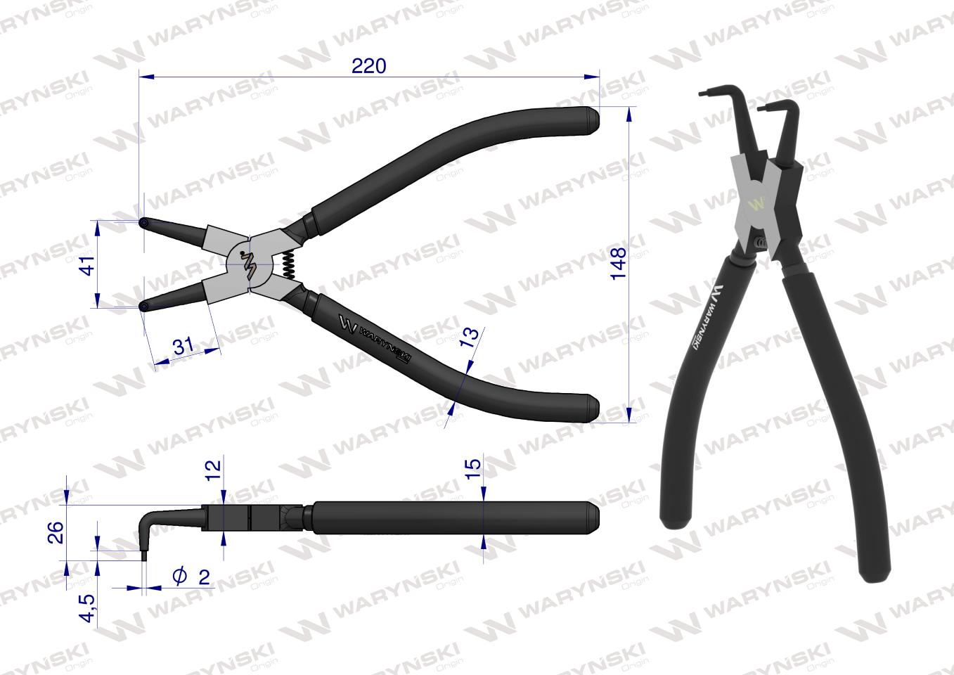 Szczypce do pierścieni osadczych 240 mm wewnętrzne wygięte Waryński
