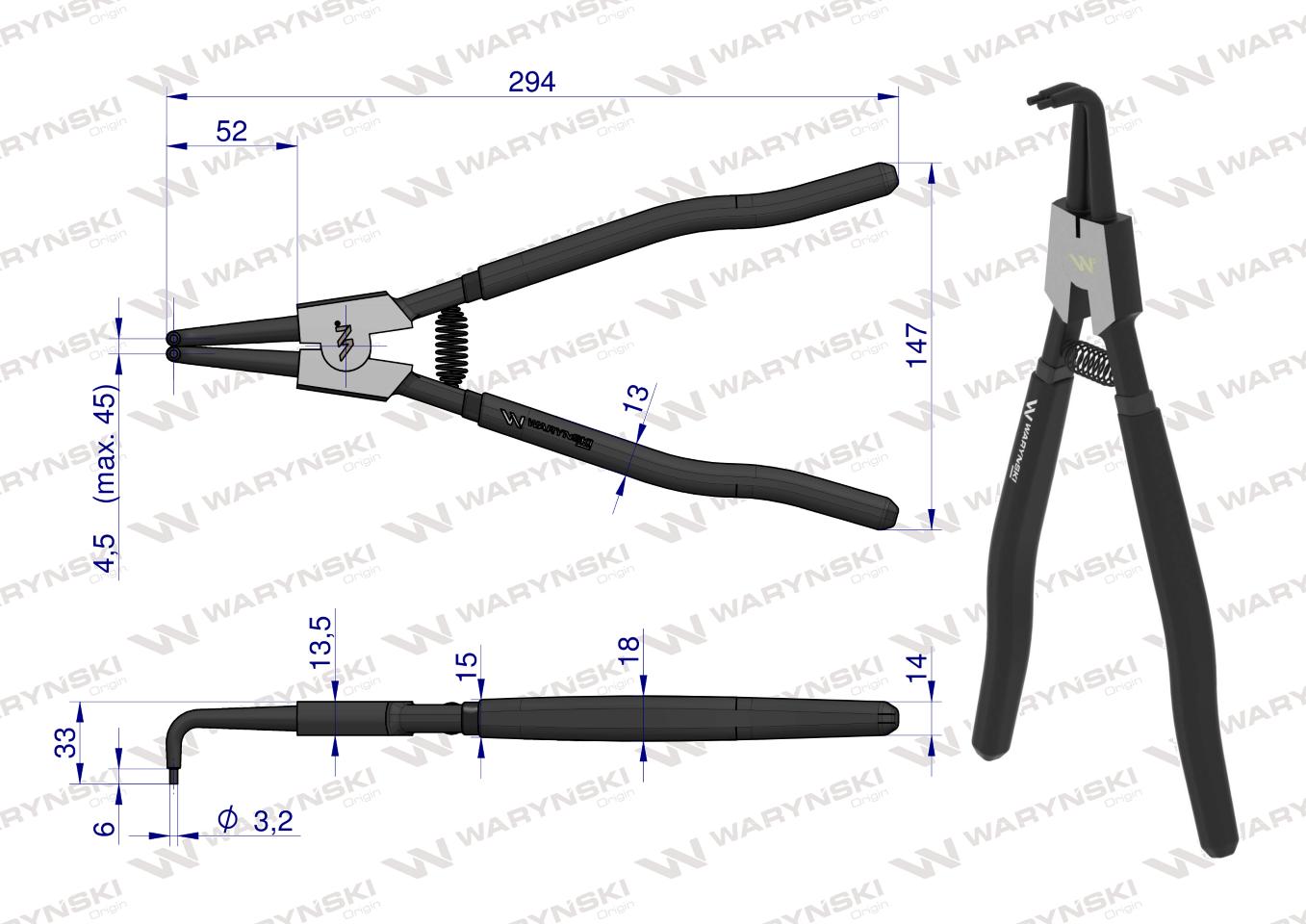 Szczypce do pierścieni osadczych 300 mm zewnętrzne wygięte Waryński