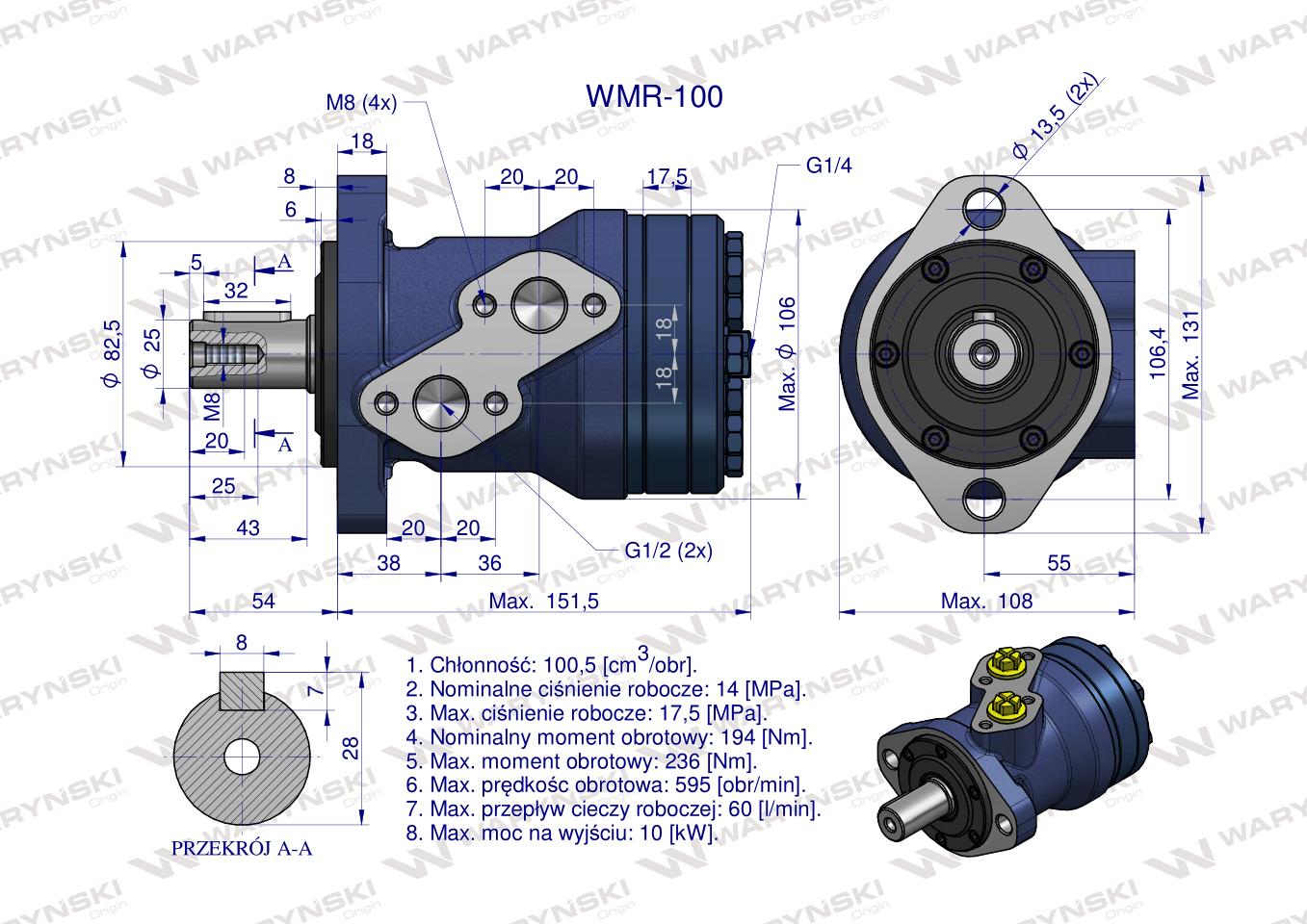 Silnik hydrauliczny orbitalny WMR 100 cm3/obr (140 bar / max.200 bar) Waryński