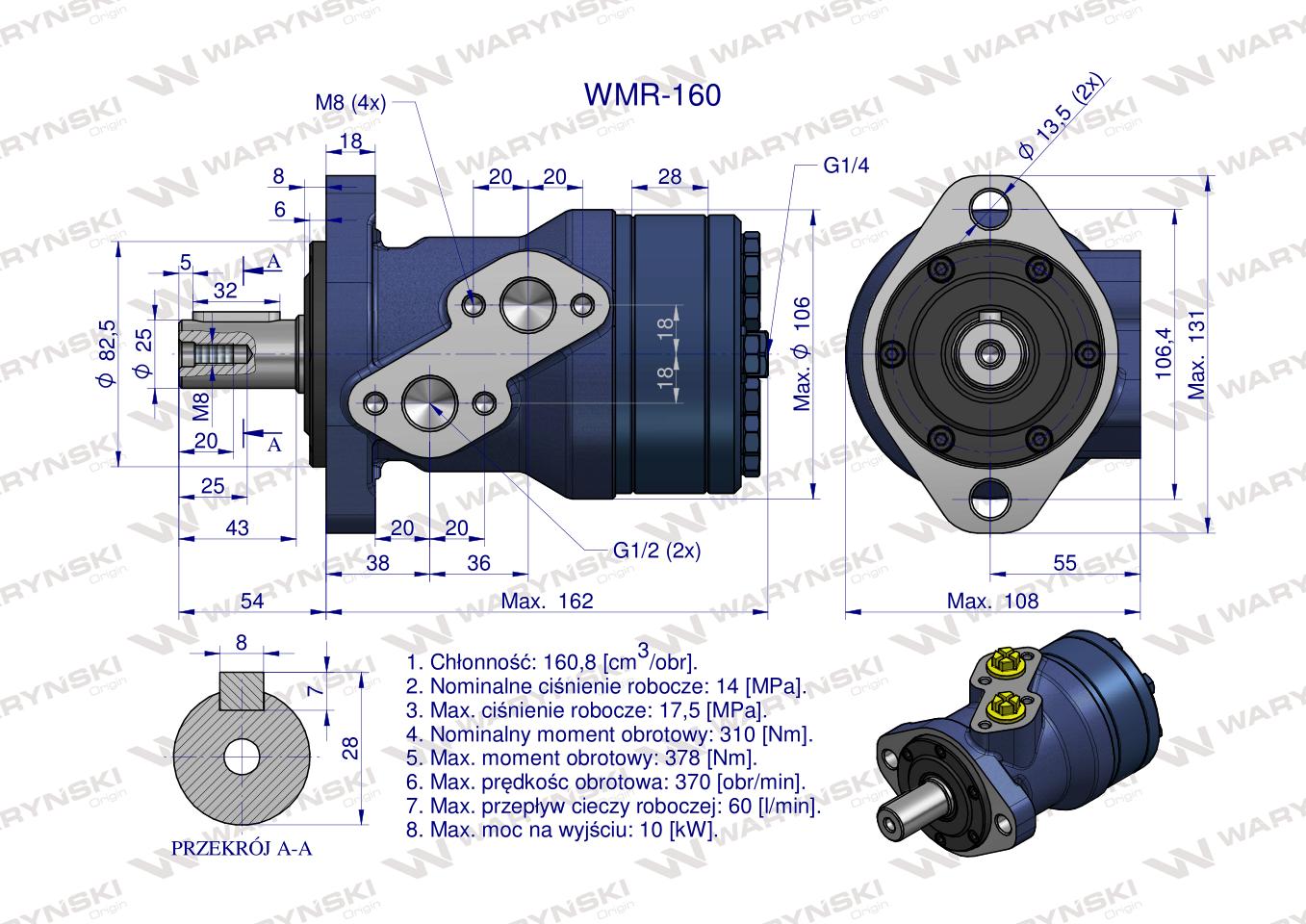 Silnik hydrauliczny orbitalny WMR 160 cm3/obr (140 bar / max.200 bar) Waryński