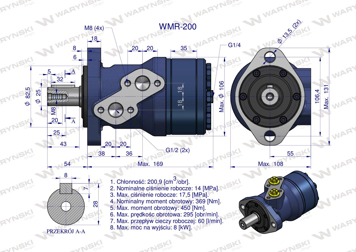 Silnik hydrauliczny orbitalny (stosowany do owijarek) WMR 200 cm3/obr (140 bar / max.200 bar) Waryński