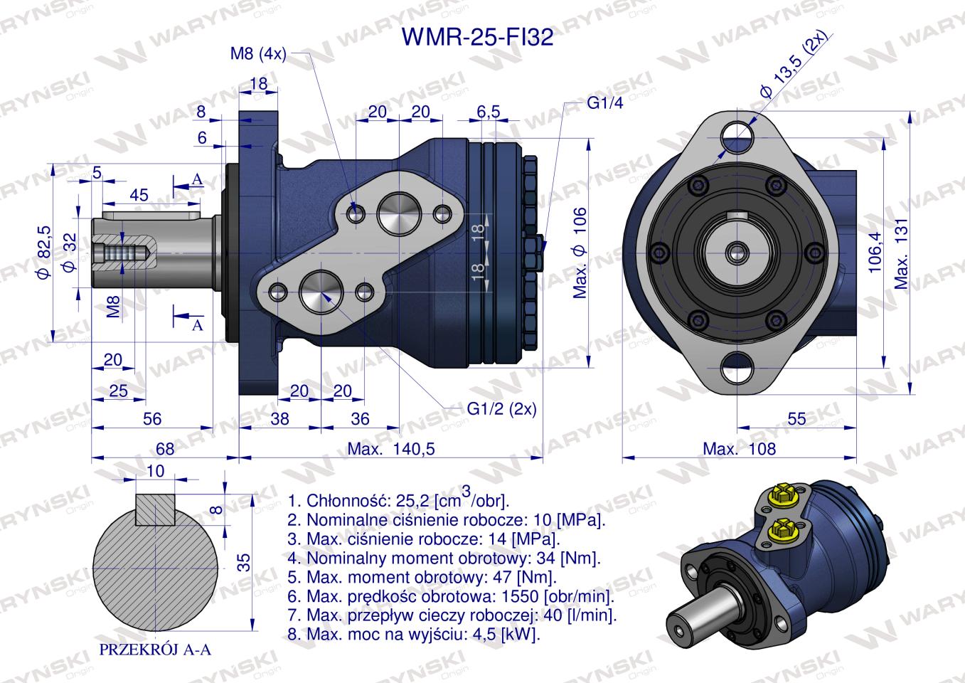 Silnik hydrauliczny orbitalny WMR 25 cm3/obr z wałkiem fi 32mm (100 bar / max.200 bar) Waryński