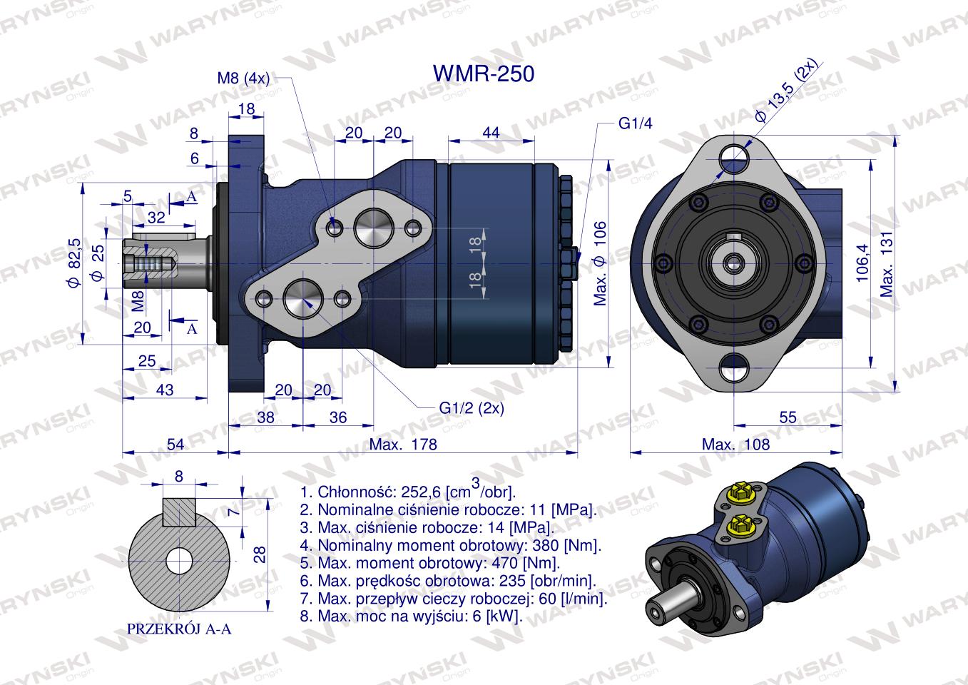 Silnik hydrauliczny orbitalny WMR 250 cm3/obr (110 bar / max.160 bar) Waryński