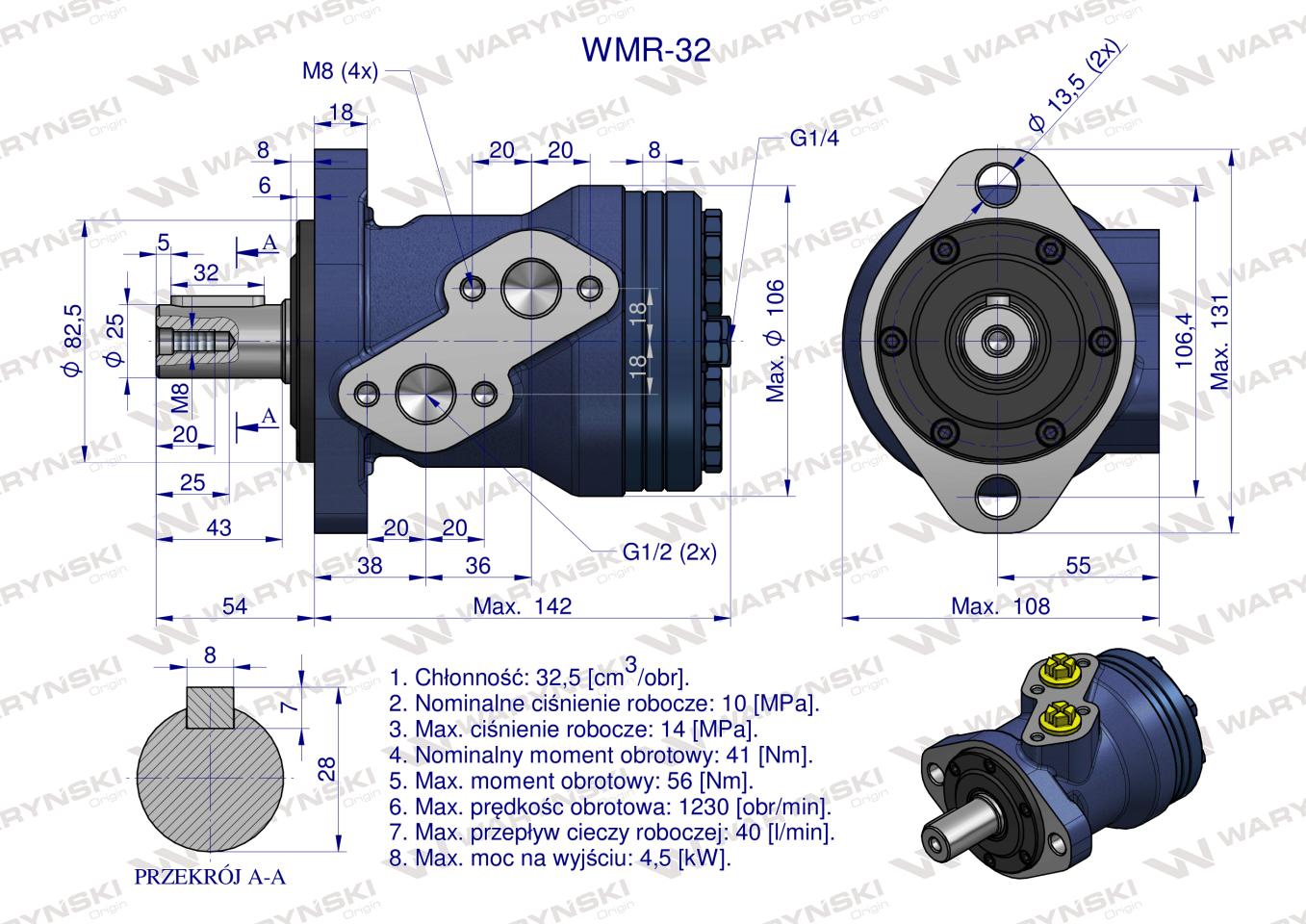 Silnik hydrauliczny orbitalny WMR 32 cm3/obr (100 bar / max.200 bar) Waryński
