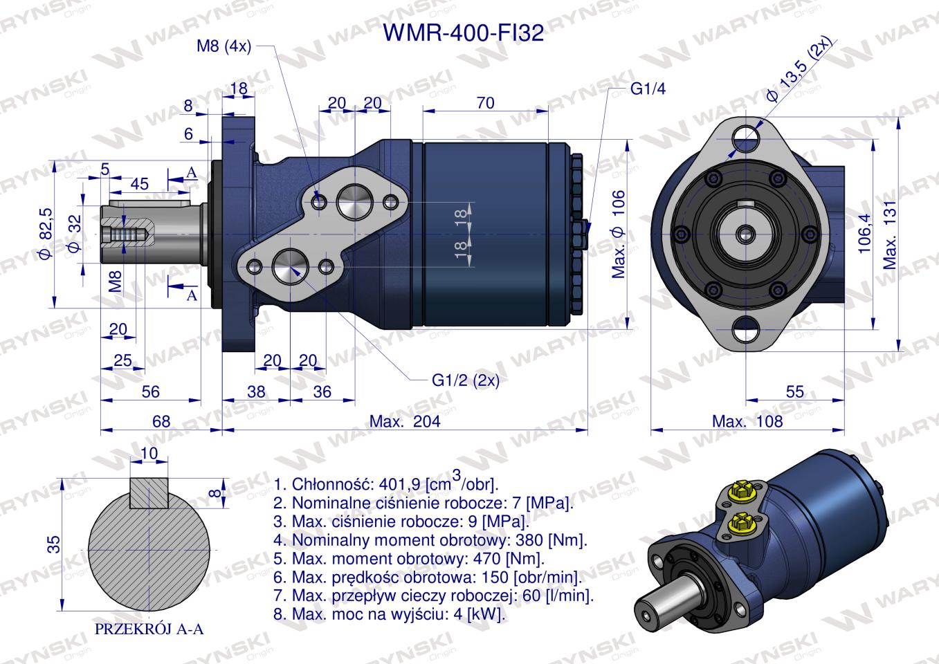 Silnik hydrauliczny orbitalny WMR 400 cm3/obr z wałkiem fi 32mm (70 bar / max.110 bar) Waryński