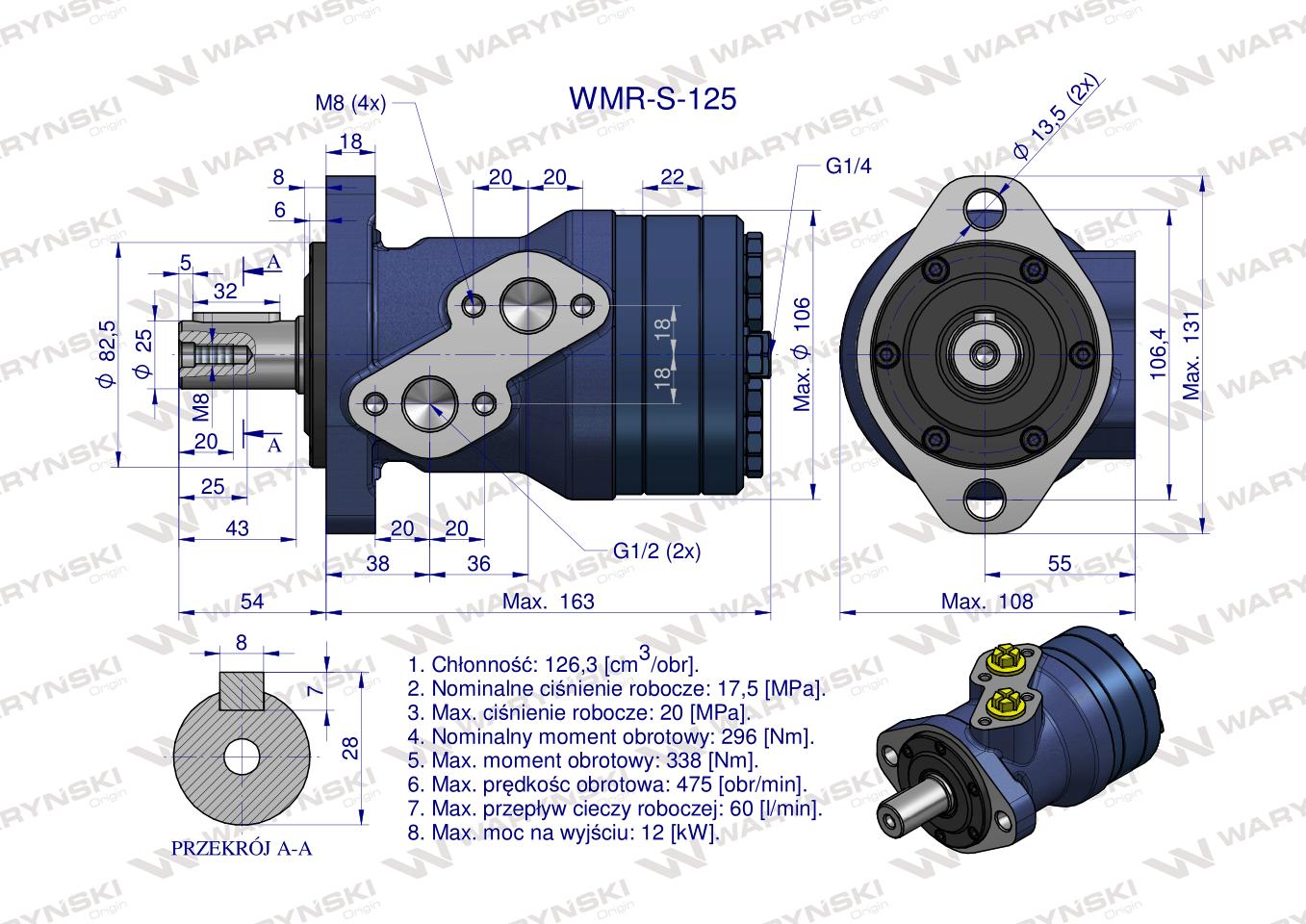 Silnik hydrauliczny orbitalny wzmacniany WMR-S 125 cm3/obr (175 bar / max.220 bar) Waryński