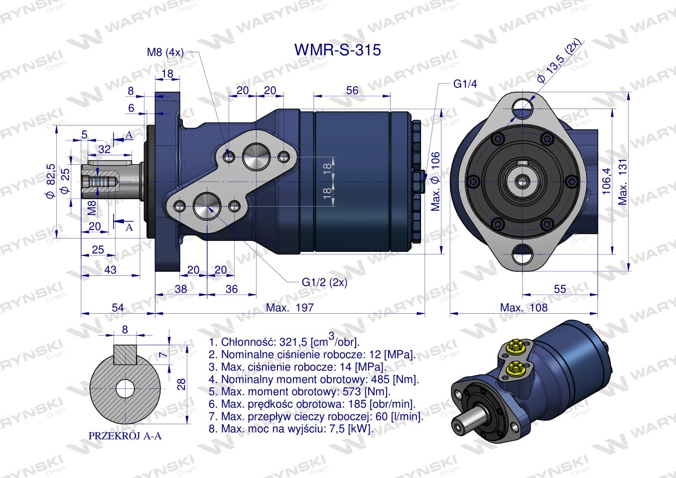 Silnik hydrauliczny orbitalny wzmacniany WMR-S 315 cm3/obr (120 bar / max.150 bar) Waryński