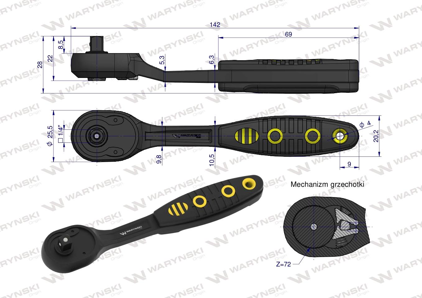 Grzechotka 1/4". 72T. odgięta. Waryński