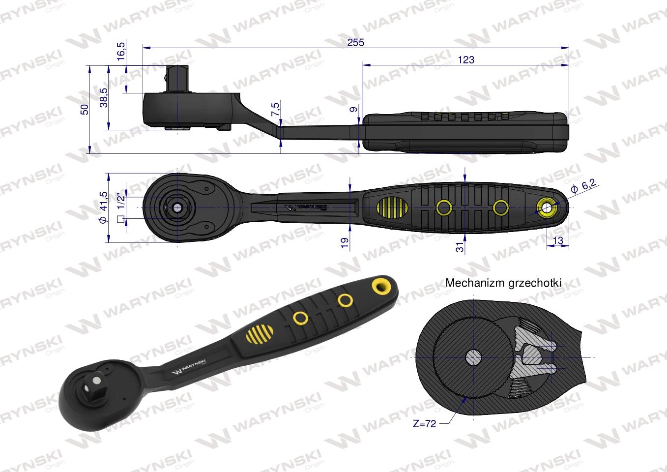 Grzechotka 1/2". 72 T. odgięta. Waryński