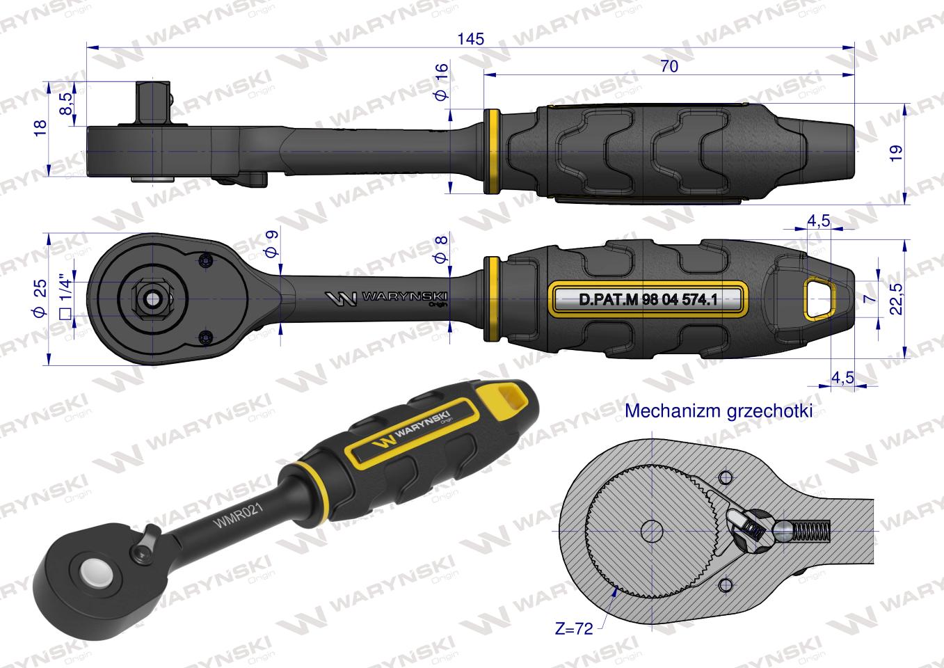 Grzechotka 1/4". 72 T. o zwiększonej odporności. Waryński
