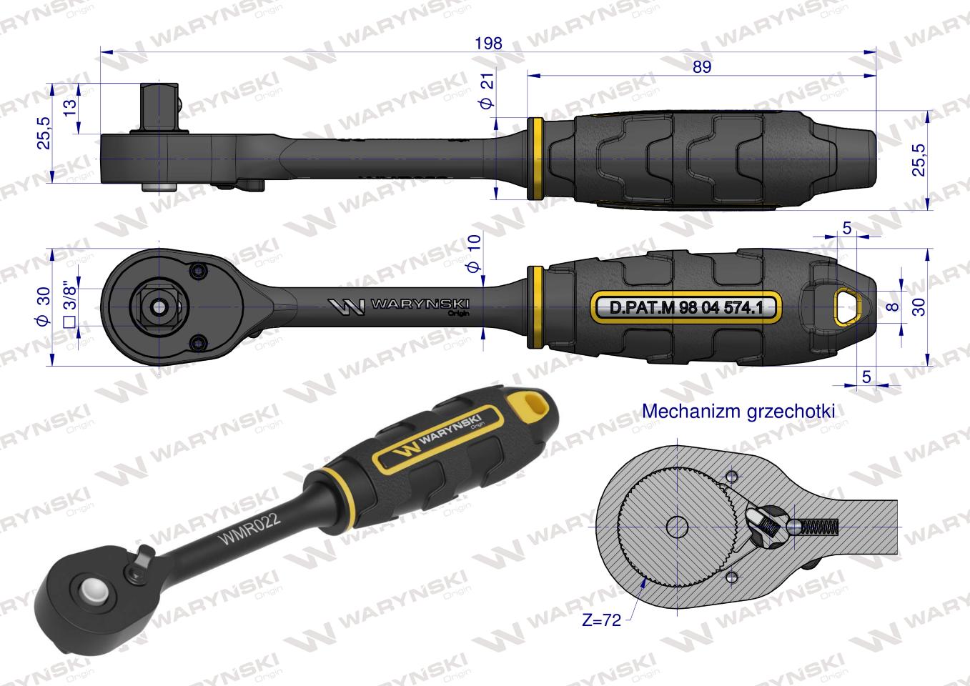 Grzechotka 3/8". 72 T. o zwiększonej odporności. Waryński