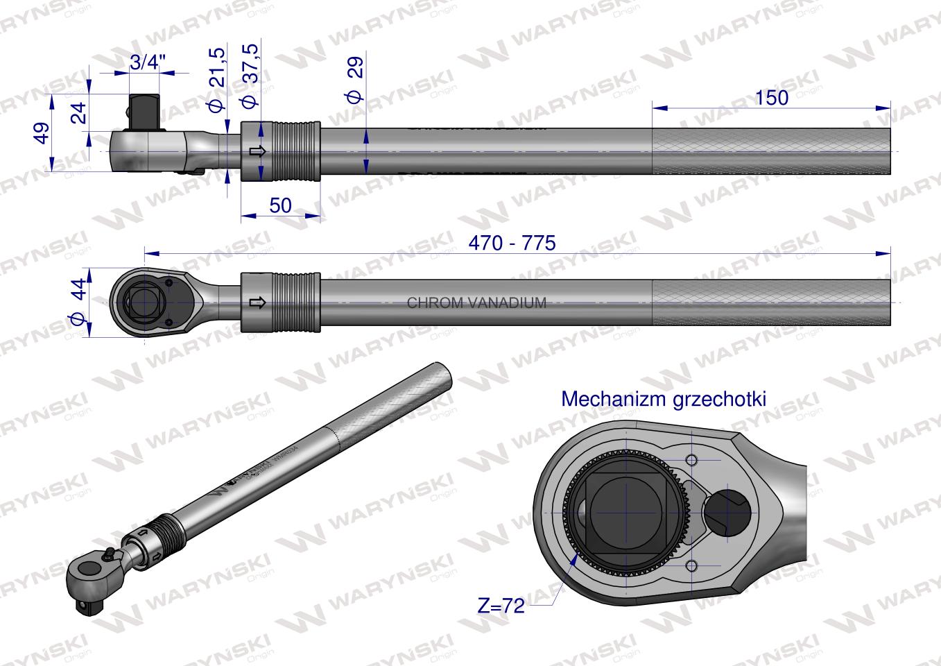 Grzechotka, 72 zęby teleskopowa do nasadek 3/4 cala długość 495-775mm, W mechanice pojazdów i maszyn,w przemyśle i pracach konstrukcyjnych, Waryński