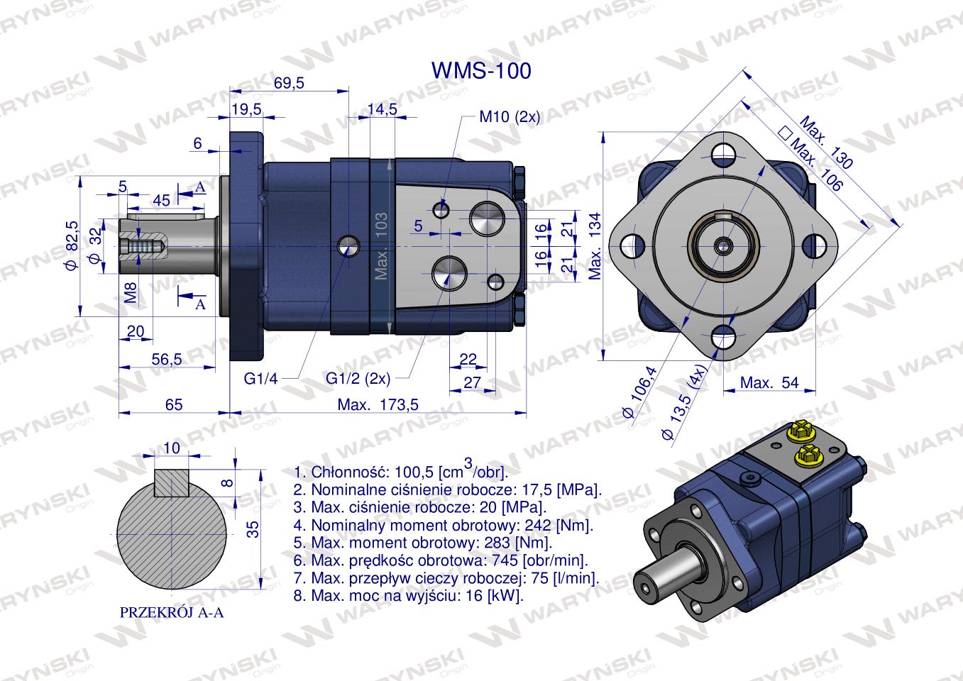 Silnik hydrauliczny orbitalny WMS 100 cm3/obr (175 bar / max.225 bar) Waryński