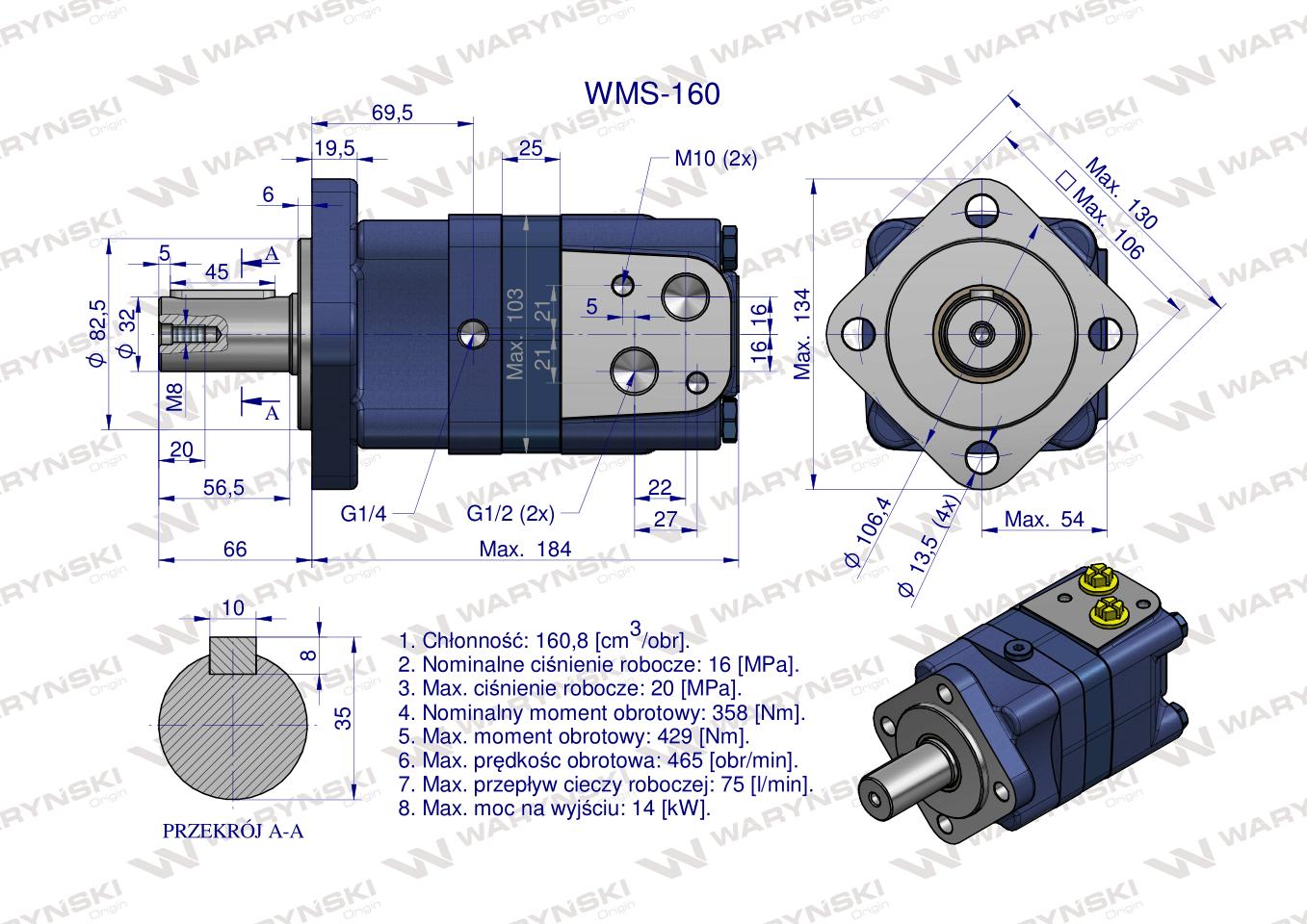Silnik hydrauliczny orbitalny WMS 160 cm3/obr (160 bar / max.225 bar) Waryński