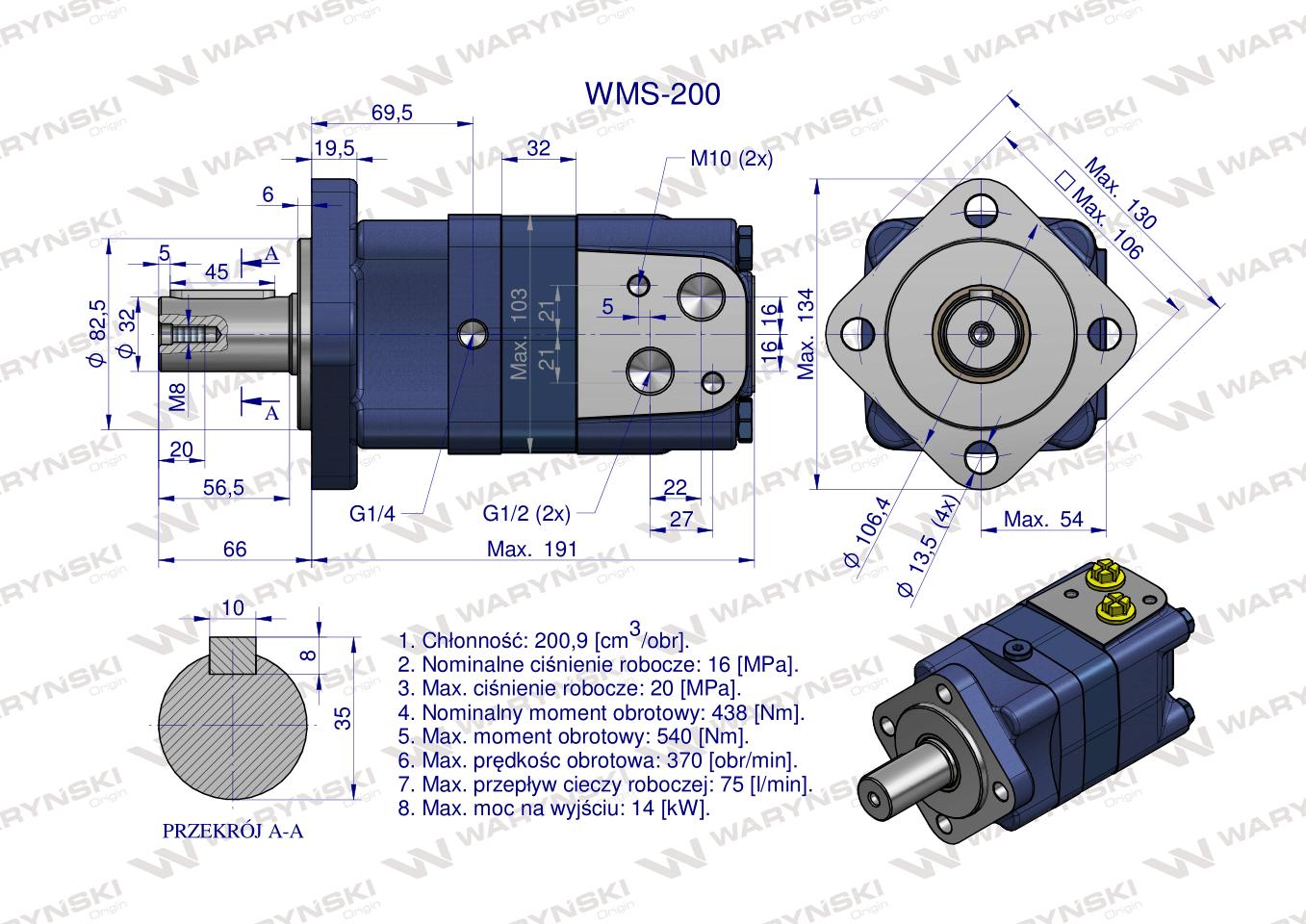 Silnik hydrauliczny orbitalny WMS 200 cm3/obr (160 bar / max.225 bar) Waryński
