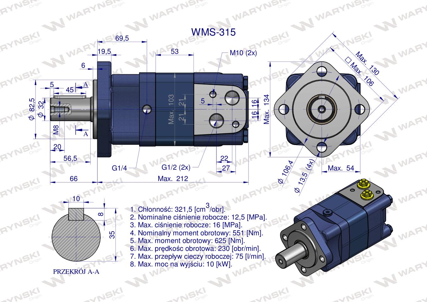 Silnik hydrauliczny orbitalny WMS 315 cm3/obr (125 bar / max.200 bar) Waryński