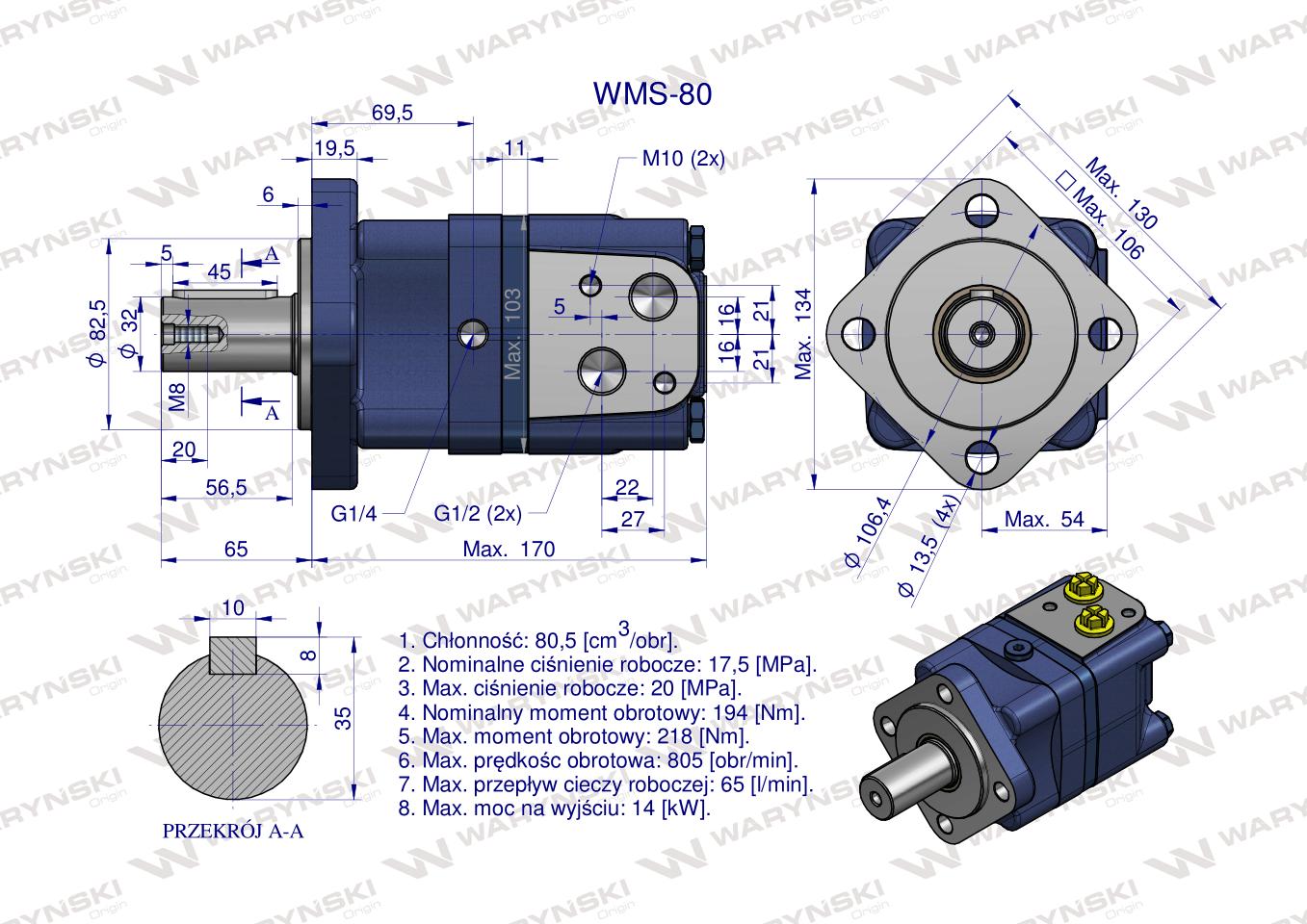 Silnik hydrauliczny orbitalny WMS 80 cm3/obr (175 bar / max.225 bar) Waryński