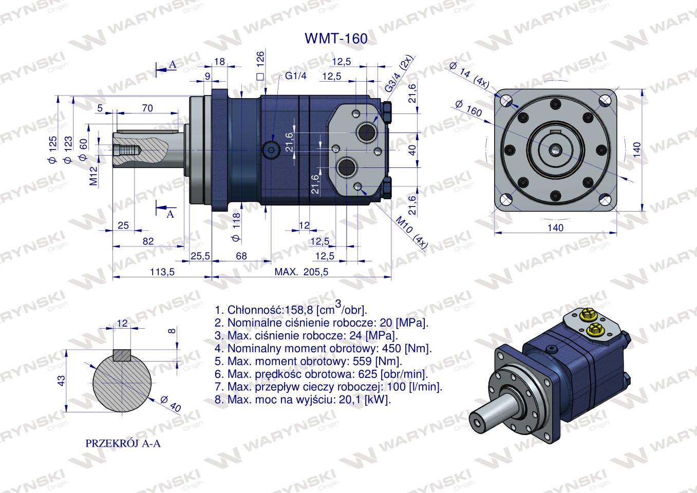Silnik hydrauliczny orbitalny WMT 160 cm3/obr (200 bar / max.280 bar) Waryński