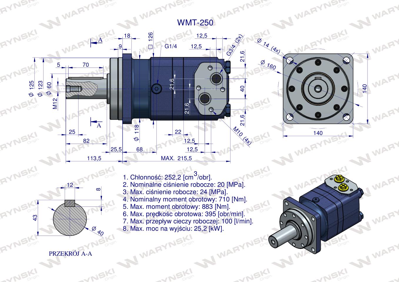 Silnik hydrauliczny orbitalny WMT 250 cm3/obr (200 bar / max.280 bar) Waryński