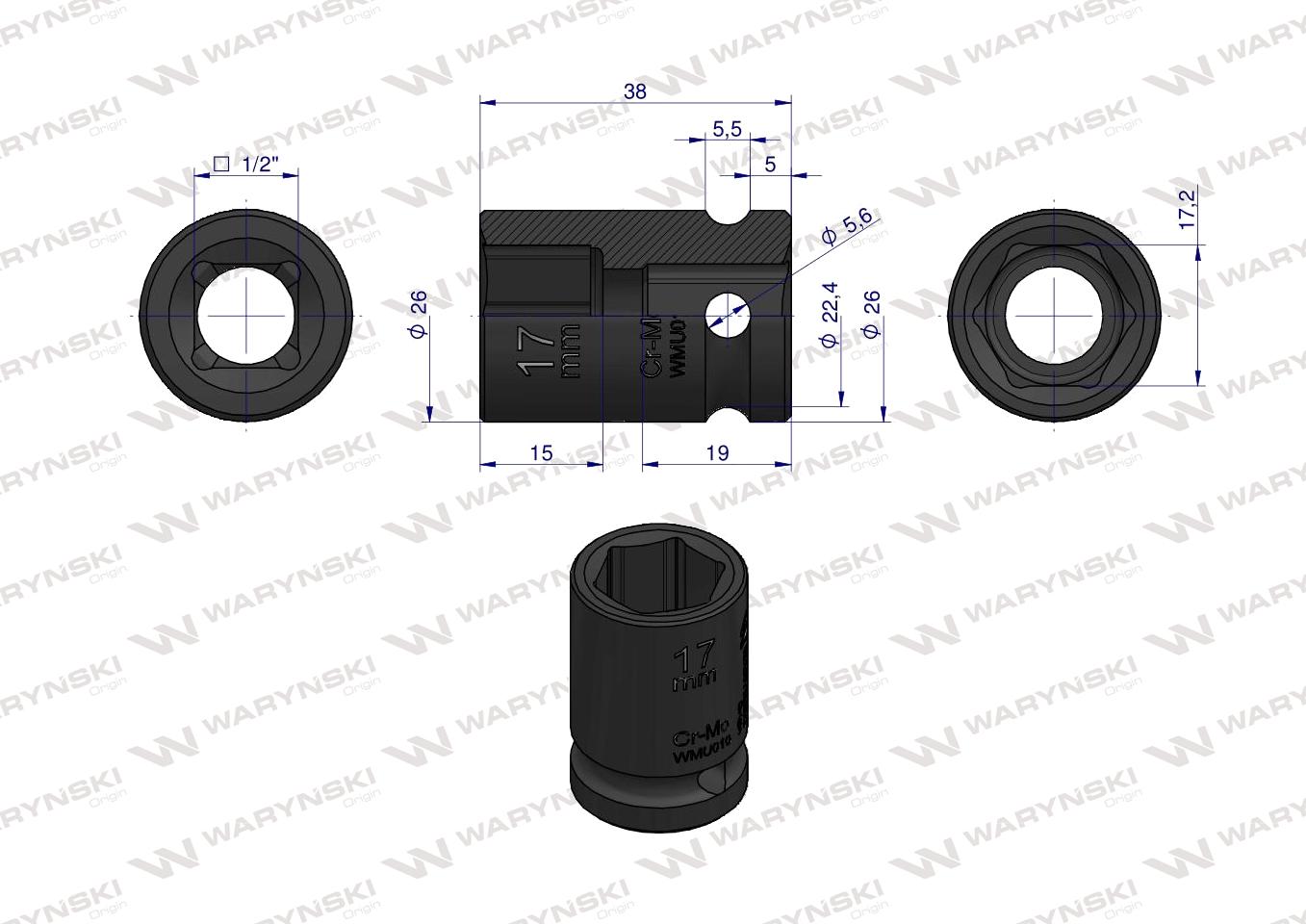 Nasadka udarowa sześciokątna 1/2". 17 mm. CrMo. DIN 3129. Waryński
