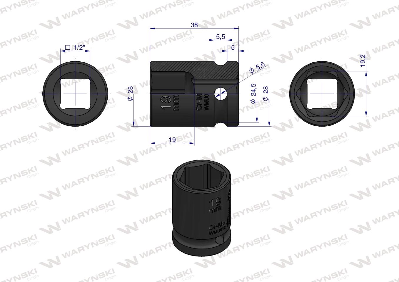 Nasadka udarowa sześciokątna 1/2". 19 mm. CrMo. DIN 3129. Waryński