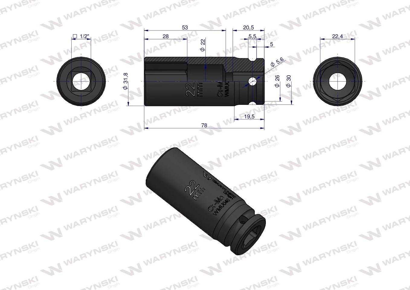 Nasadka udarowa sześciokątna długa 1/2". 22 mm. CrMo. DIN 3129. Waryński
