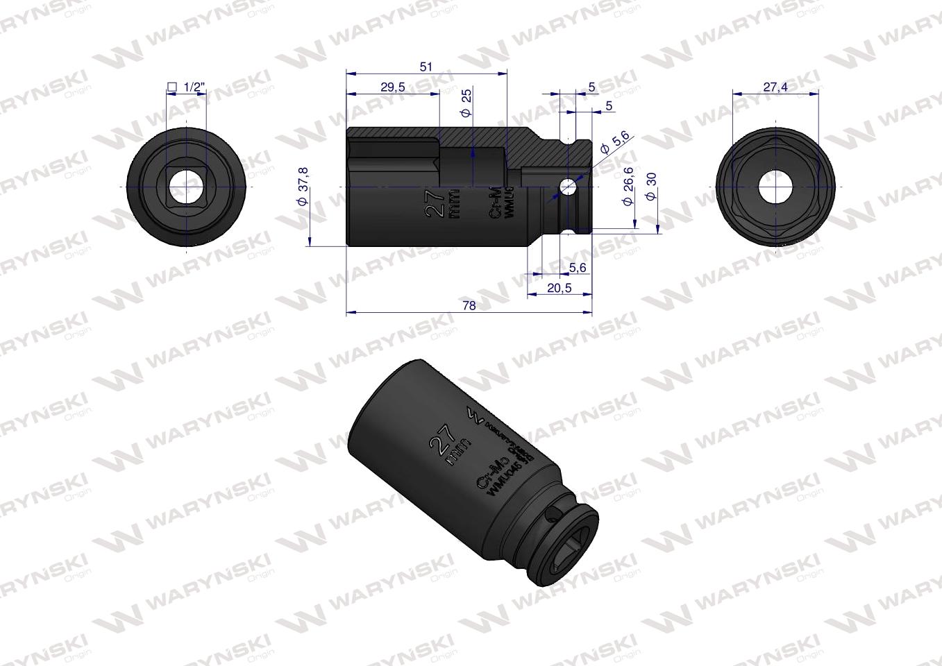 Nasadka udarowa sześciokątna długa 1/2" 27 mm. CrMo. DIN 3129. Waryński